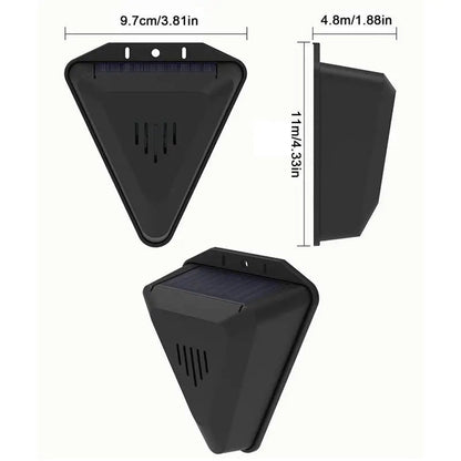 Belro Solar Outdoor Bird Repeller in garden, showing solar panel and motion-activated design to deter pest birds.