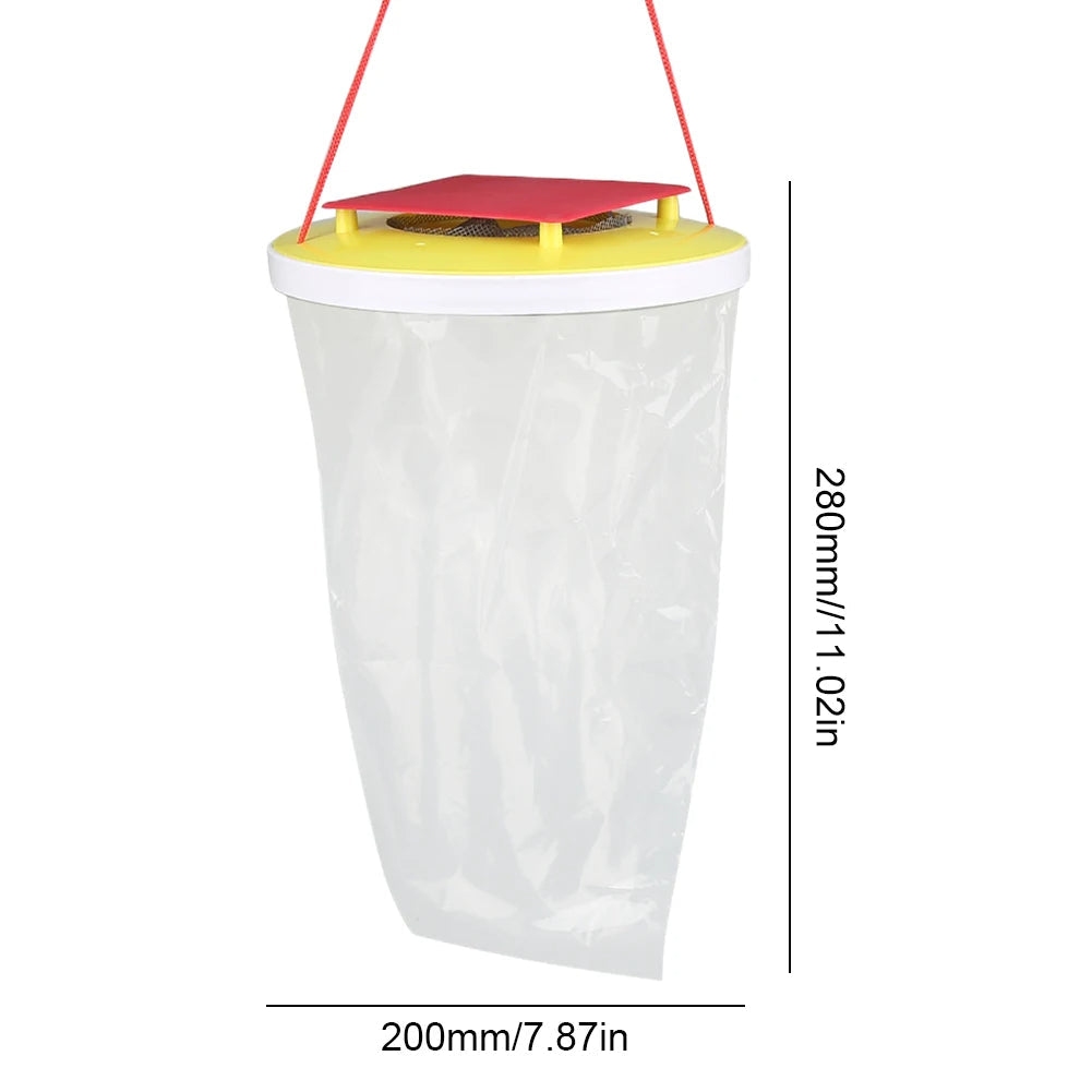 Belro eco-friendly disposable fly trap outdoor bag for pest control, shown hanging in a garden setting.