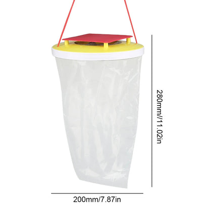 Belro eco-friendly disposable fly trap outdoor bag for pest control, shown hanging in a garden setting.