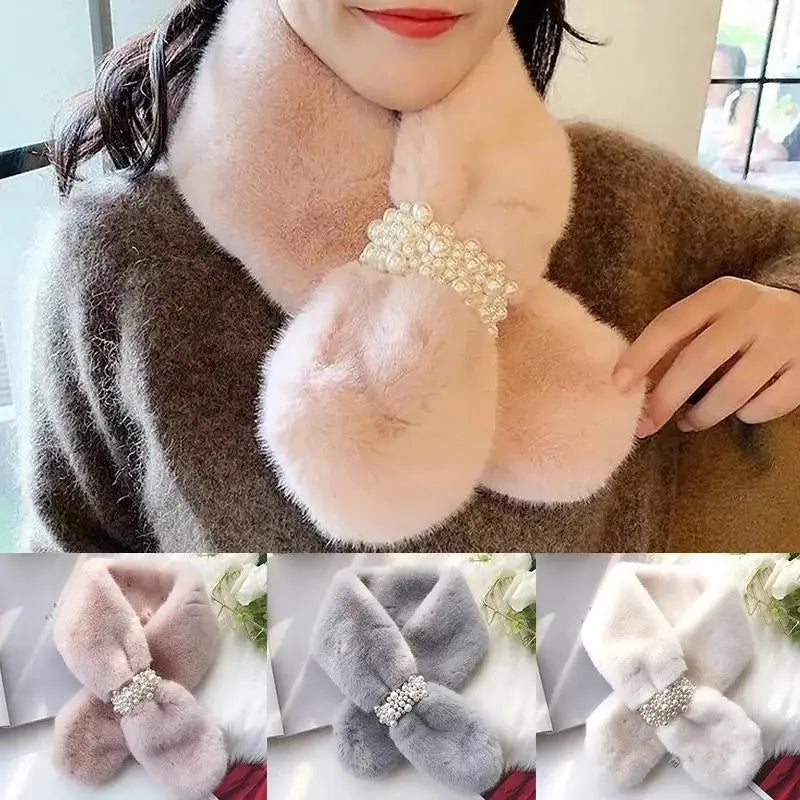 Luxury faux fur pearl winter scarf by Belro featuring soft fur and elegant pearl embellishments, perfect for cold weather accessories.