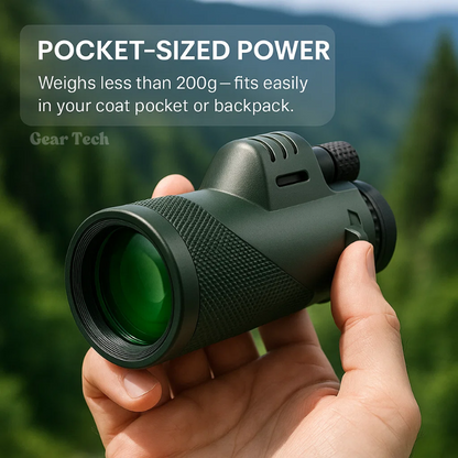 BowLift Ultra-Zoom Monocular with 600x HD lens, compact design ideal for hiking and birdwatching activities.
