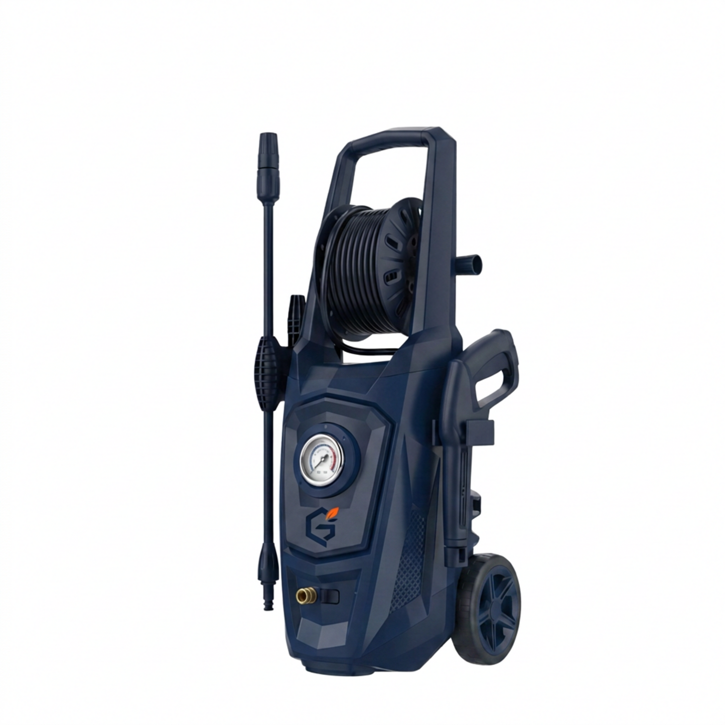 GETDECO PowerFlow 1800W high-pressure washer shown from six angles, featuring a red design and adjustable spray nozzle.