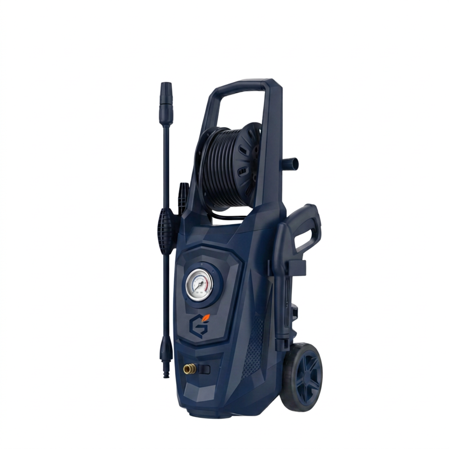 GETDECO PowerFlow 1800W high-pressure washer shown from six angles, featuring a red design and adjustable spray nozzle.