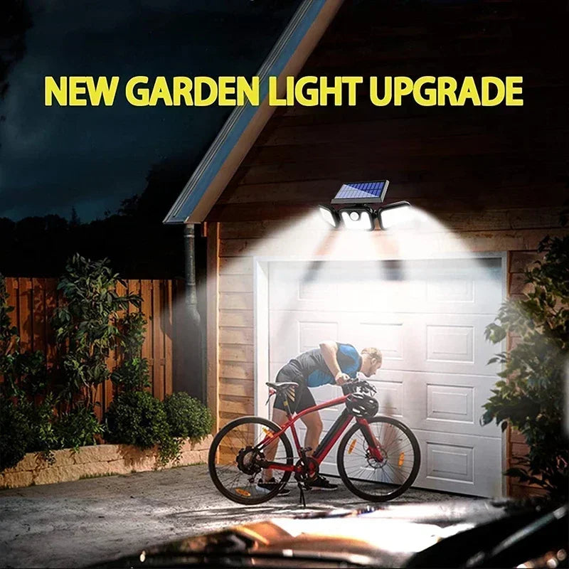 Belro outdoor motion sensor solar light mounted on a garden wall, illuminating the outdoor space at night.