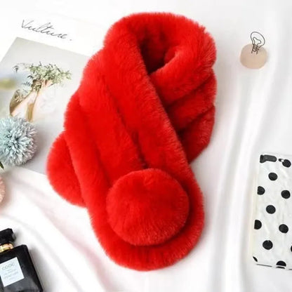 Belro plush faux fur winter scarf draped over a clothing display, showcasing soft, thick, and cozy faux fur fabric.