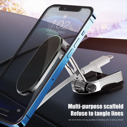 Belro folding magnetic car phone holder attached to a car dashboard, secure mount for smartphones during driving.
