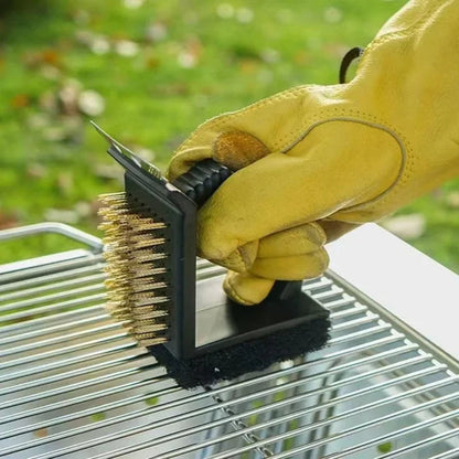 Belro 3 in 1 right angle barbecue grill brush with sturdy handle and metal bristles for cleaning grill grates.