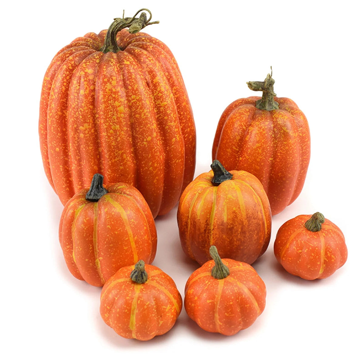 Realistic fake pumpkins for Halloween decor, Belro home and garden decoration with orange and brown pumpkin replicas.