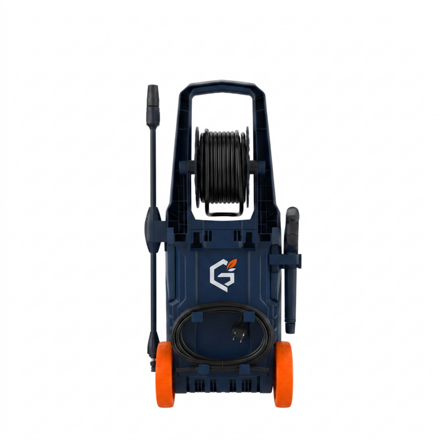 GETDECO PowerFlow 1800W high-pressure washer with red design, showing the back view and spray gun attachment.
