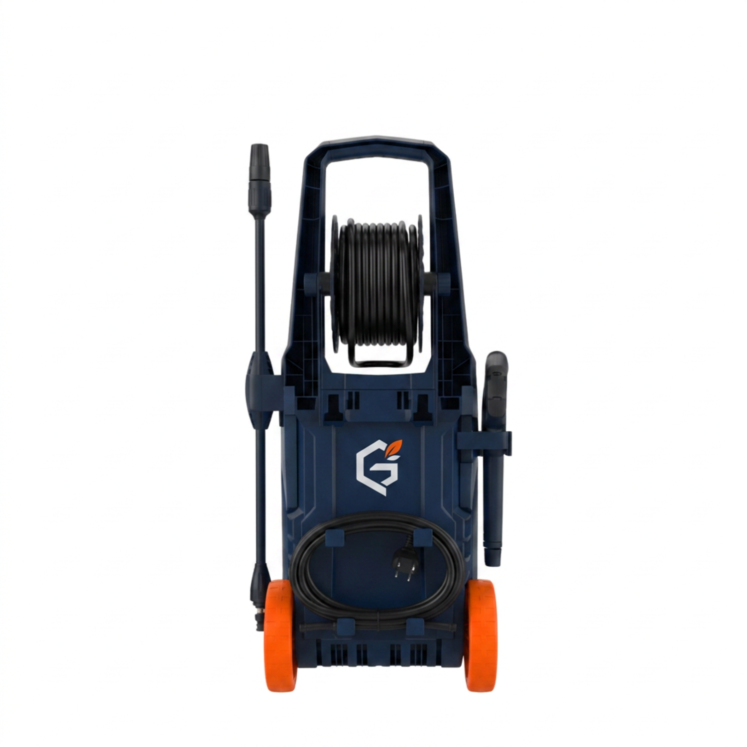GETDECO PowerFlow 1800W high-pressure washer with red design, showing the back view and spray gun attachment.
