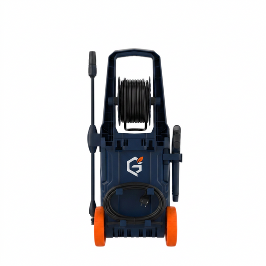 GETDECO PowerFlow 1800W high-pressure washer with red design, showing the back view and spray gun attachment.