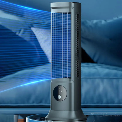 Mini rechargeable Belro desk fan with adjustable vents, compact electronic home appliance providing cooling airflow.