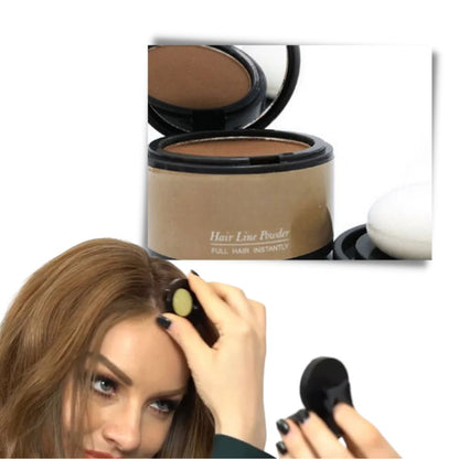 Belro Hair Root Concealer Powder in a compact container with a brush for quick touch-ups on hair roots.