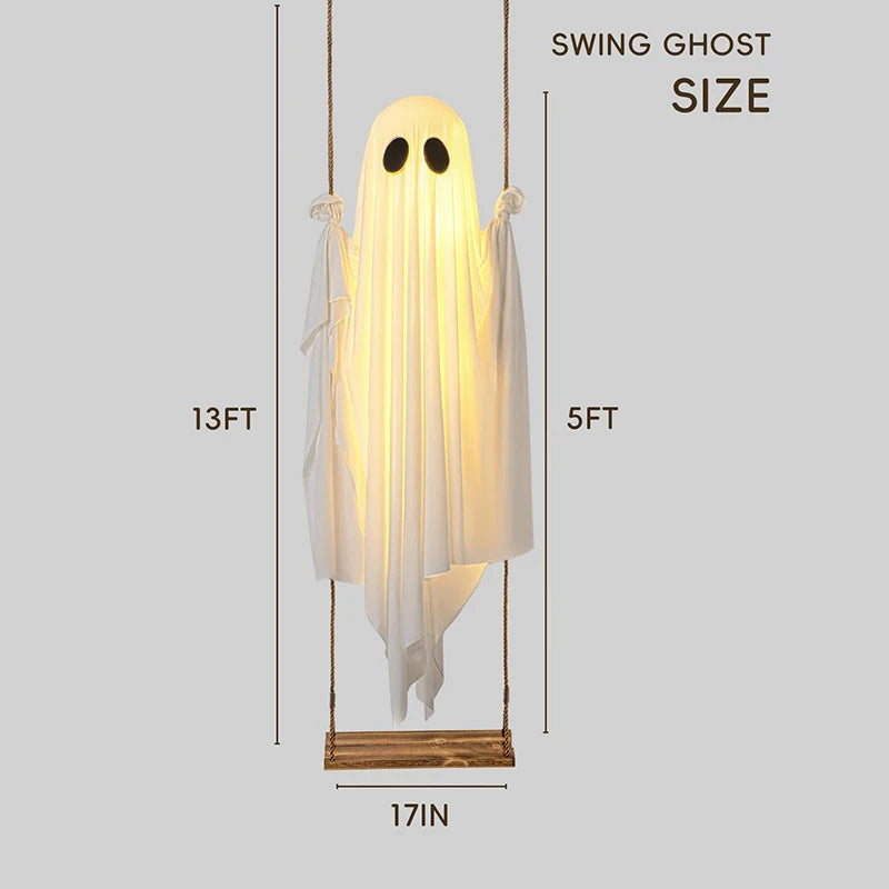 Belro outdoor ghost Halloween decoration with LED lights, hanging umbrella design, and swing for spooky seasonal decor.