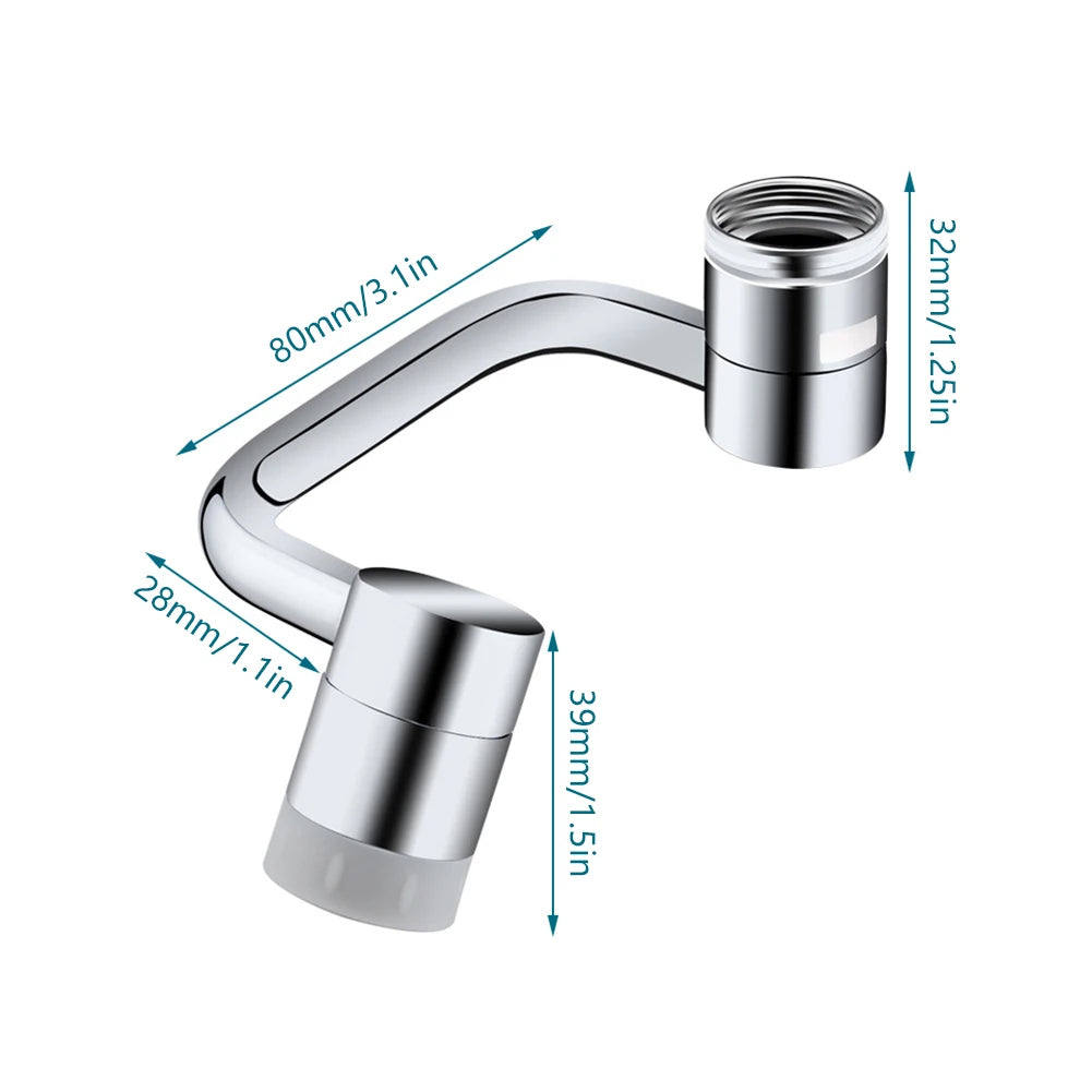 Belro 1080 rotating universal faucet extender attached to a kitchen faucet, demonstrating adjustable water flow and easy installation.