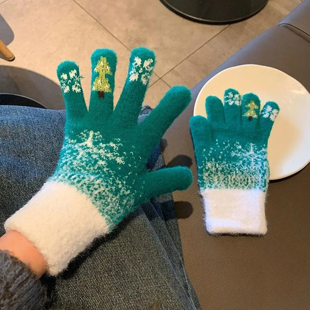 Belro festive fleece-lined knit fingerless gloves worn, showing cozy winter accessory with ribbed cuffs and textured knit pattern.