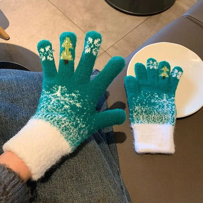 Belro festive fleece-lined knit fingerless gloves worn, showing cozy winter accessory with ribbed cuffs and textured knit pattern.