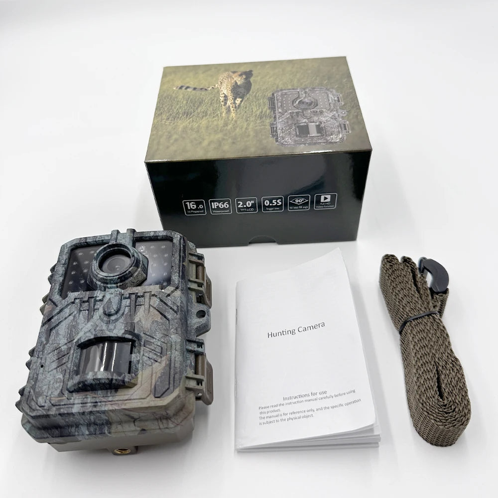 Belro Mini 16MP night vision trail camera with PIR motion sensor, compact outdoor camera for wildlife monitoring and security.