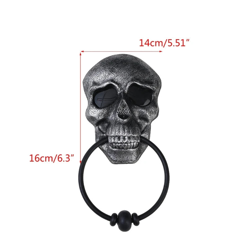 Belro skeleton head door knocker for Halloween decoration, made of durable metal with detailed skull design for spooky home decor.