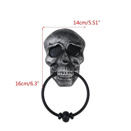 Belro skeleton head door knocker for Halloween decoration, made of durable metal with detailed skull design for spooky home decor.