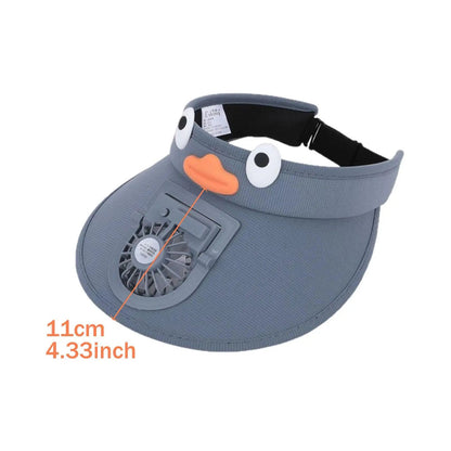 Kids sun visor hat with cooling fan from Belro, lightweight sun hat with adjustable strap and built-in cooling fan for hot days.