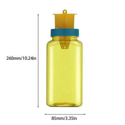 Belro reusable fruit fly catcher bottle for outdoor pest control, showing the clear container with bait inside.