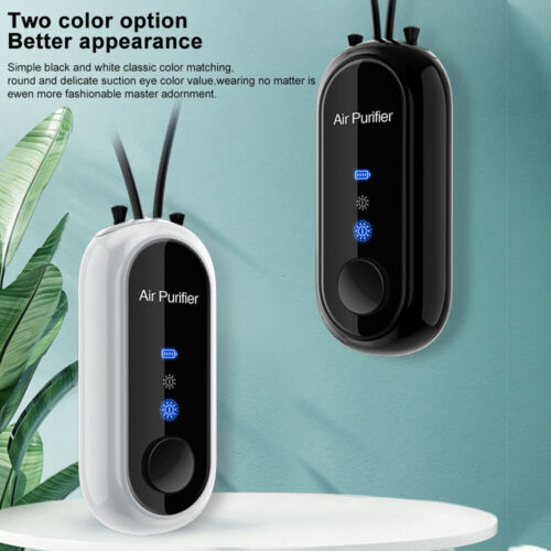Belro personal mini air purifier necklace worn around the neck, featuring compact design and USB charging port.