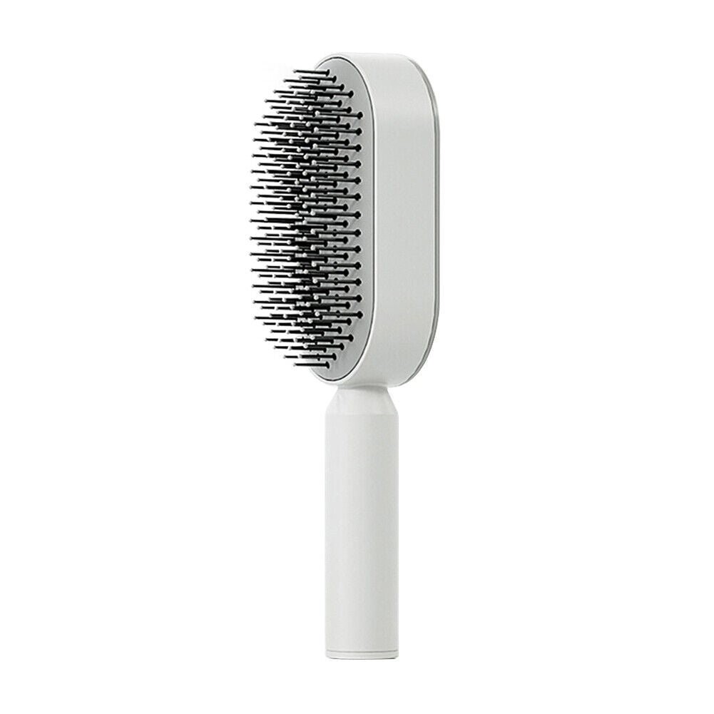 Belro self-cleaning hair brush with ergonomic handle and flexible bristles for easy hair detangling and cleaning.