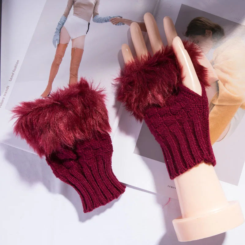 Belro faux fur fingerless winter gloves with hand warmers, soft fur trim, and cozy design for cold weather.