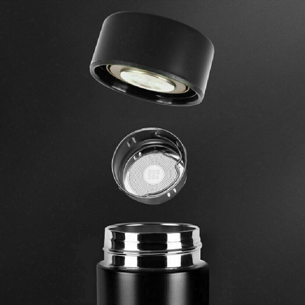 Belro LED temperature display thermos bottle showing digital readout and sleek stainless steel design for hot and cold beverages.