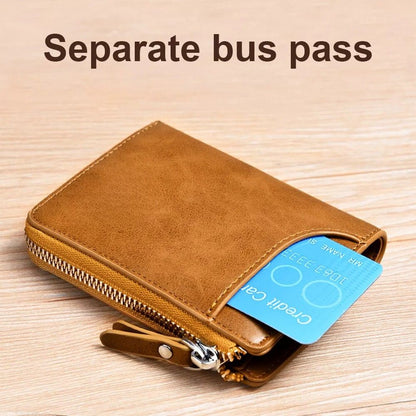 Belro men's RFID blocking wallet with zipper, featuring multiple card slots in khaki, brown, and black leather.