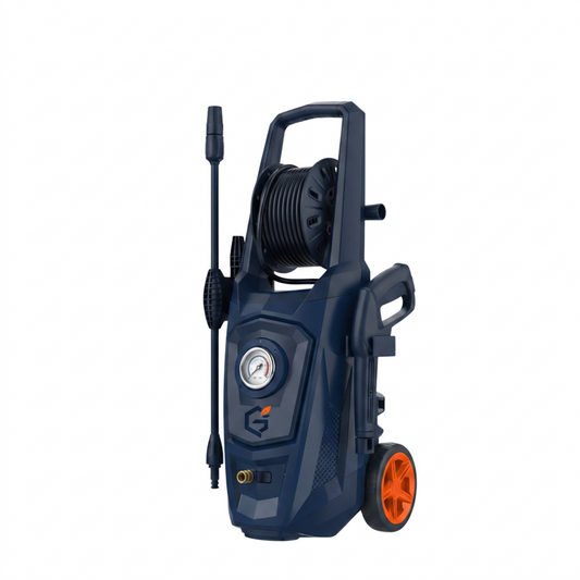 Red front view of GETDECO PowerFlow 1800W high-pressure washer showing its compact design and red color.