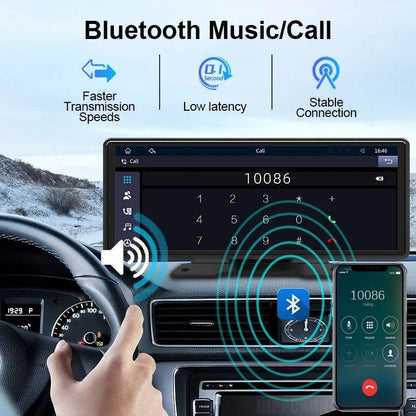 Belro touchscreen car stereo with Bluetooth and backup camera, showing display and control buttons in an automotive interior