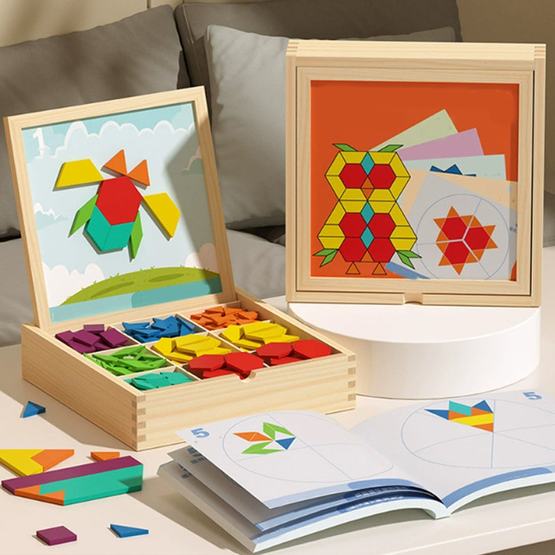 Mivoza magnetic wooden building blocks with pattern cards for educational and creative play, arranged on a white surface.