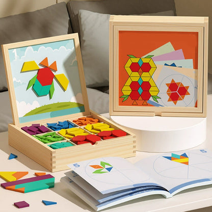 Mivoza magnetic wooden building blocks with pattern cards for educational and creative play, arranged on a white surface.