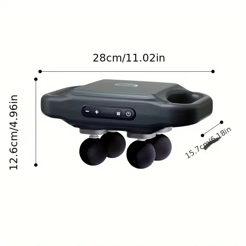 Belro deep tissue massage gun in black, handheld personal care appliance with multiple massage heads for muscle relief.