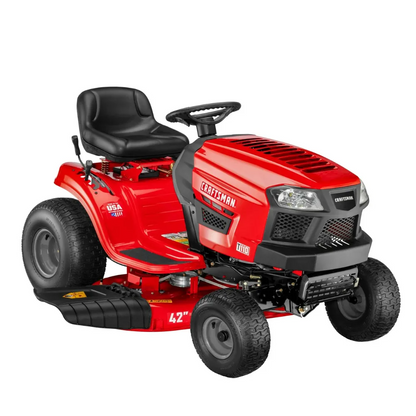 Casavibeo Craftsman T110 42-inch riding mower with 17.5 HP Briggs and Stratton engine and 7-speed transmission in a lush green yard.