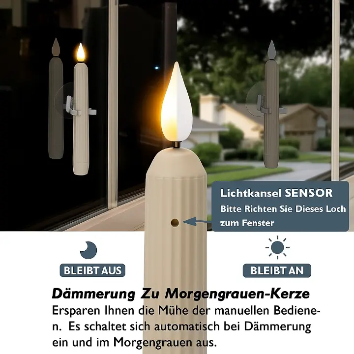 Six-pack Mivoza LED window candles with dusk sensor, realistic flickering flame, flameless safety, warm white for cozy home decor.