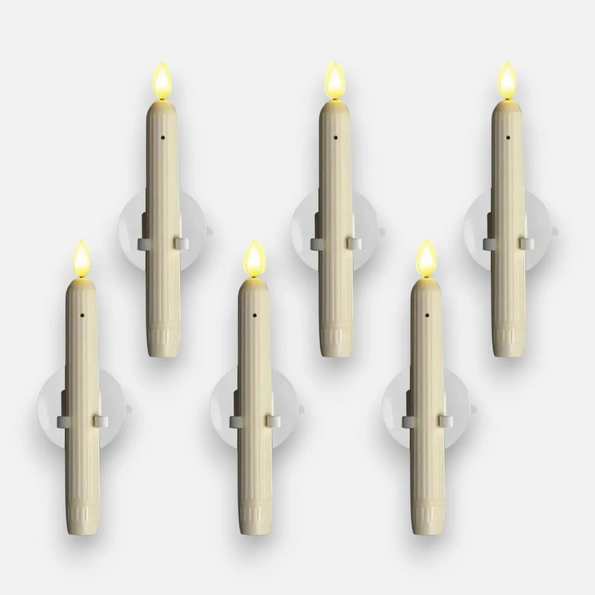 Six LED Mivoza window candles with dusk sensor, realistic flickering flame, warm white glow, flameless safety for cozy home decor.