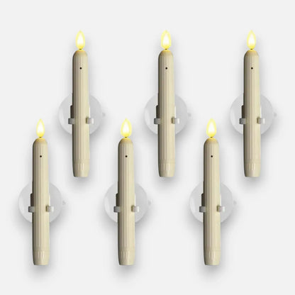 Six LED Mivoza window candles with dusk sensor, realistic flickering flame, warm white glow, flameless safety for cozy home decor.