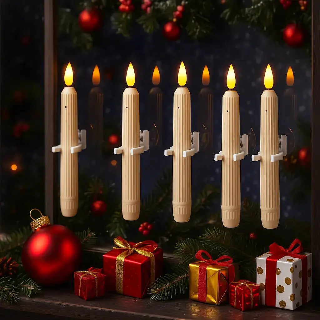 Six Mivoza LED window candles with dusk sensor, realistic flickering flame, warm white glow, flameless safety for cozy home decor.