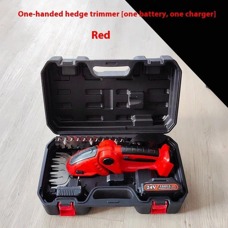 Casavibeo electric hedge shears with dual-purpose rechargeable pruning shear and mower, showing blades and ergonomic handle.