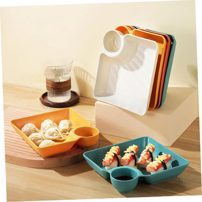 Mivoza dipping plate with sauce compartment, stackable and no-drip design, perfect for serving condiments and appetizers.