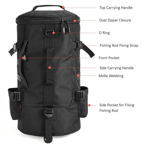 Belro fishing tackle backpack with rod holders, organized tackle box, durable bag for fishing gear and accessories.