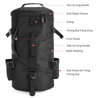 Belro fishing tackle backpack with rod holders, organized tackle box, durable bag for fishing gear and accessories.