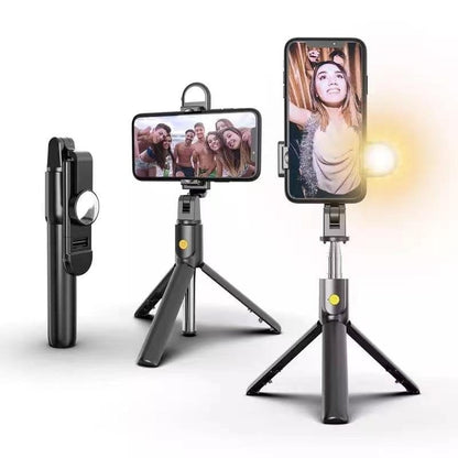 Belro 6-in-1 wireless Bluetooth selfie stick with fill light, black, showing adjustable handle and built-in LED fill light.