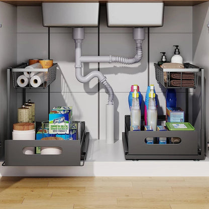 Belro 2-tier slide-out under sink organizer with chrome finish, ideal for kitchen storage and easy access under the sink.