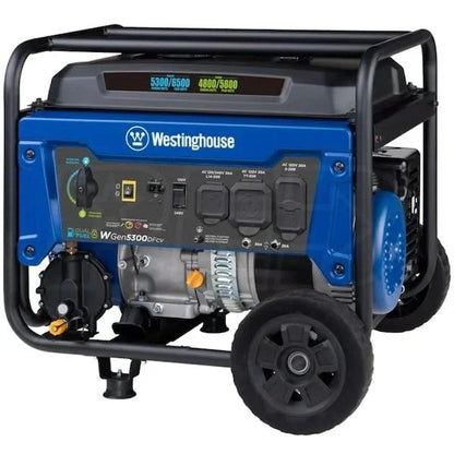 Westinghouse WGen5300DFcv 5300W dual-fuel portable generator with RV outlet and CO sensor, shown in a natural outdoor setting