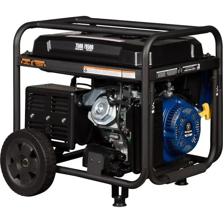 Westinghouse WGen7500c portable generator with 9500 peak watts, shown with control panel and fuel tank in a natural outdoor setting.