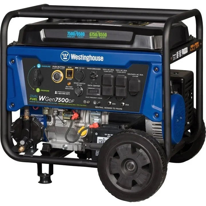 Westinghouse WGen7500DF dual fuel portable generator with engine and control panel, shown in a natural outdoor setting.